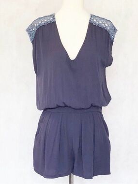 Kimchi Blue Navy Blue Crochet-Shoulder Romper